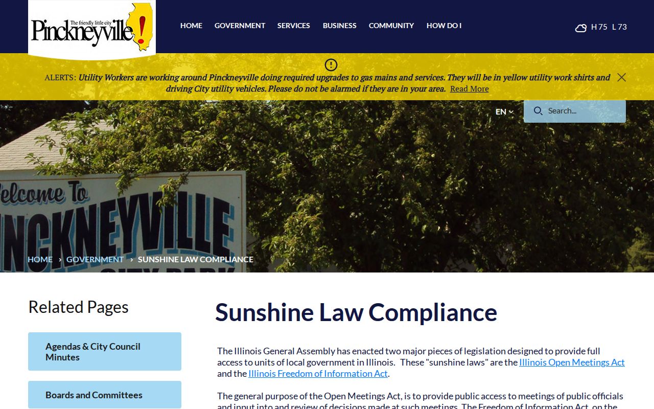 Pinckneyville FOIA compliance page with public-record contact information for Perry County arrest records